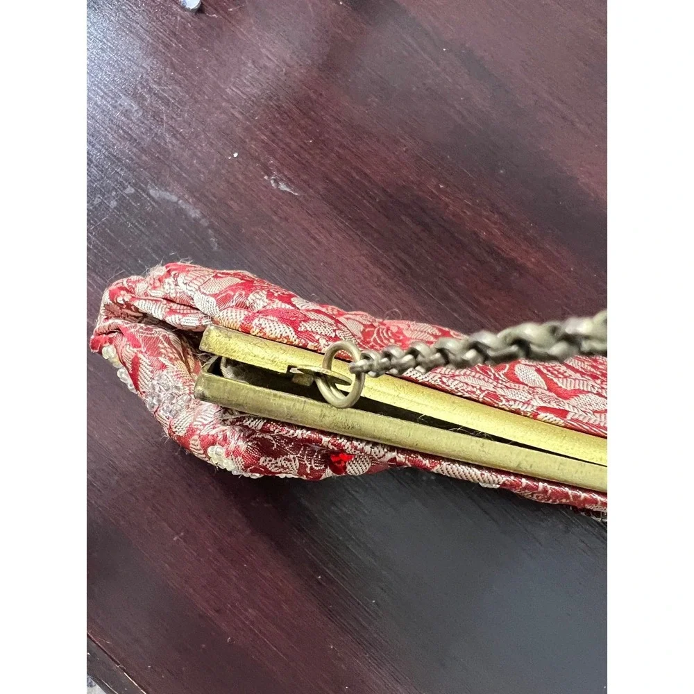 Vintage Pink Lace Beaded Floral Evening‎ Clutch Bag Gold Chain Made in India